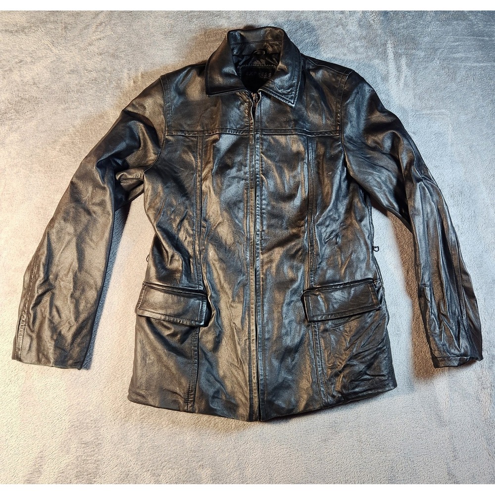 Express World Brand Leather Jacket Womens Small Black Zip‎ Front Y2K  Moto Biker